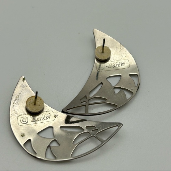 Vintage Berebi Silver Tone Crescent Shaped Stud Earrings with Pastel Green - Picture 7 of 9